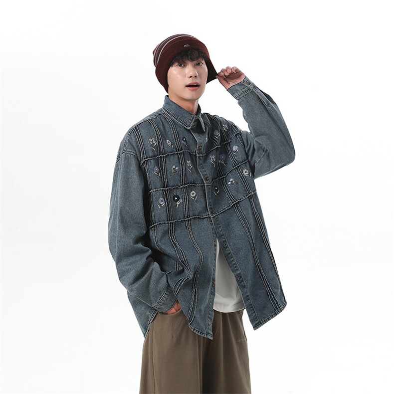 小花刺绣牛仔衬衫男2025新款宽松bf风日系复古开衫上衣JK1147-P78,男装夹克,星座1103-3