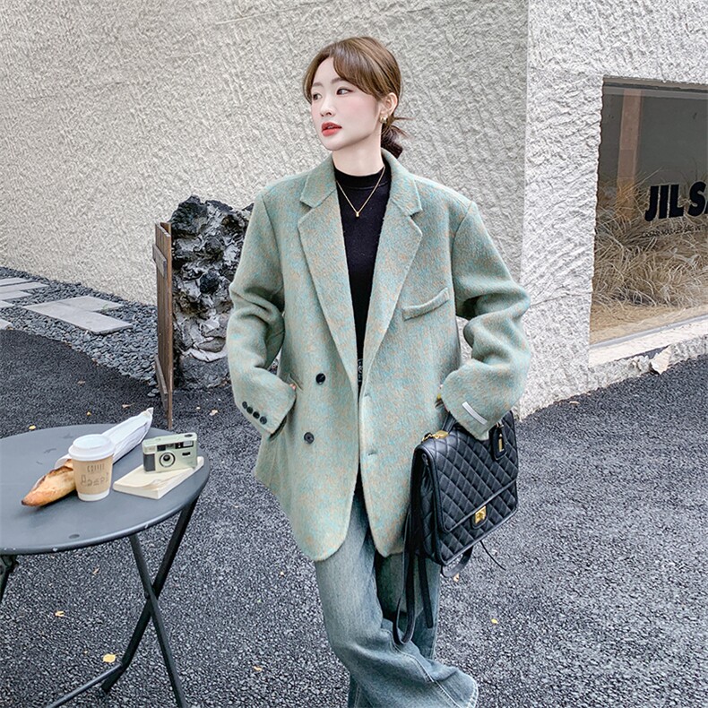独特超好看绿色毛呢西装厚外套女秋冬韩系气质高级感夹棉呢子大衣,女装毛呢外套,2C262