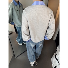 假两件拼接条纹衬衫翻领卫衣男早秋宽松通勤百搭上衣W100-P58，男装衬衫，电商C307