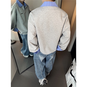 假两件拼接条纹衬衫翻领卫衣男早秋宽松通勤百搭上衣W100-P58图片