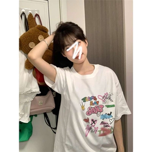 T536-P25 童趣手绘涂鸦卡通印花短袖 纯白学生宽松T恤图片