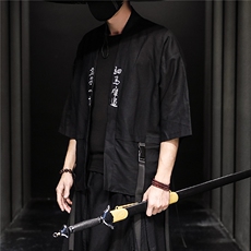 7042夏季中国风新款亚麻开衫武士剑客侠客飘逸刺绣衬衫潮日系，男装衬衫，钱塘715
