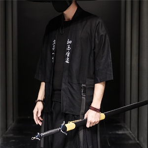 7042夏季中国风新款亚麻开衫武士剑客侠客飘逸刺绣衬衫潮日系图片