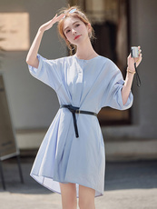 2025年夏季新款度假系列双腰带甜美纯棉韩系休闲感衬衫连衣裙短裙，女装连衣裙，米莱