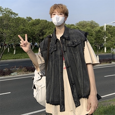 烟灰色牛仔背心马甲外套男女款秋季日系简约宽松工装复古马夹坎肩，男装背心/马甲，星座505-2（原电商A260-1)