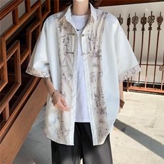 新中式衬衫男2024夏季新款宽松百搭金属扣图案印花设计感潮流上衣，男装衬衫，星座410-7