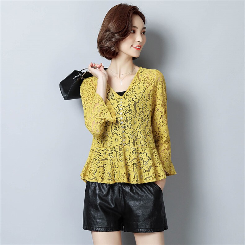 纯色V领荷叶袖2021年秋季套头宽松蕾丝修身显瘦个性简约百搭蕾丝衫/雪纺衫，女装蕾丝衫/雪纺衫，安之芮娜