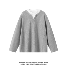 305G重磅假两件纯色长袖卫衣男女装春秋潮牌宽松T恤上衣W75-P65，女装T恤，电商B245