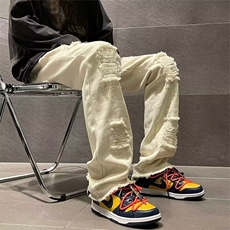 破洞毛边牛仔裤男春夏ins高街修身直筒裤潮牌牛仔裤G856-P42，男装牛仔裤，星座1001-1