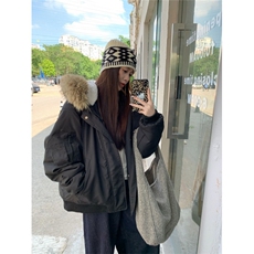 kumikumi设计感毛领连帽棉服外套女秋冬保暖宽松中长款面包服棉衣，女装棉衣/棉服，星座1210-1