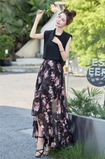 法式绝美气质套装裙女2025夏季新款无袖衬衣碎花鱼尾半身裙两件套，女装套装/套裙，尚娜萱
