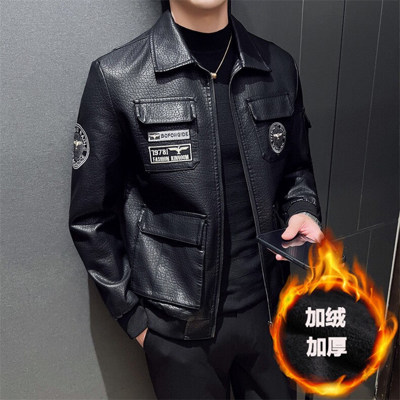 M-5XL修身翻领PU机车皮衣外套夹克男py5616-p118加绒p128,男装皮衣,电商D303