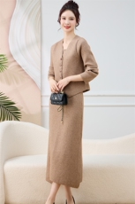 2025春季新款女装连衣裙女高端中长款长袖上衣纤绒纱两件套装裙子，女装套装/套裙，天丽