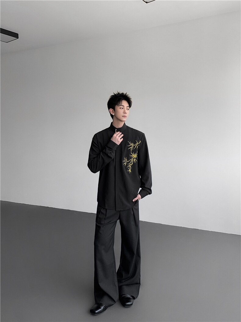 现货25秋冬新中式男士竹叶刺绣重工立领盘扣长袖衬衫cs186-p78,男装衬衫,电商B288