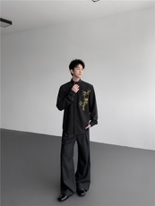 现货25秋冬新中式男士竹叶刺绣重工立领盘扣长袖衬衫cs186-p78，男装衬衫，电商B288