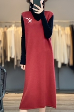 羊毛针织马甲连衣裙女V领无袖套头中长款背心JN2335，女装连衣裙，江南羊绒