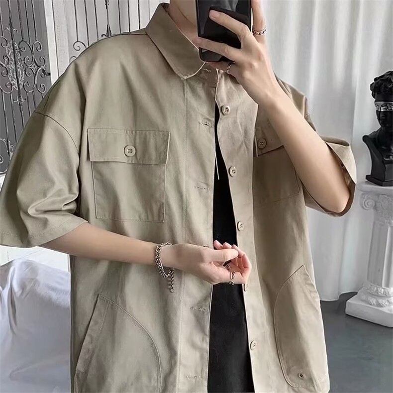 新款工装短袖男潮牌潮流美式复古宽松设计感衬衫T恤男CS0227-P38,男装衬衫,星座308B-1