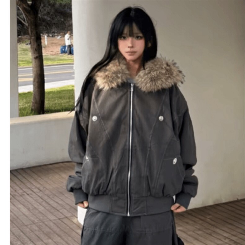 现货重磅boxy短款棉衣座山雕大毛毛领男女棉服水洗工装厚外套,男装棉衣,电商A486-1