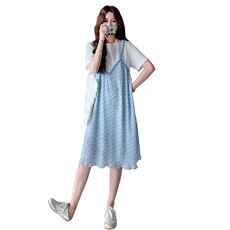 韩系撞色拼接连衣裙女2025夏季新款蓝色碎花设计感假两件T恤裙，女装连衣裙，2C275
