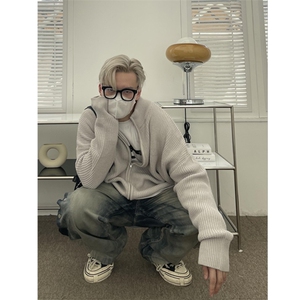 美式复古毛衣外套cleanfit潮高街落肩慵懒风拉链针织开衫图片