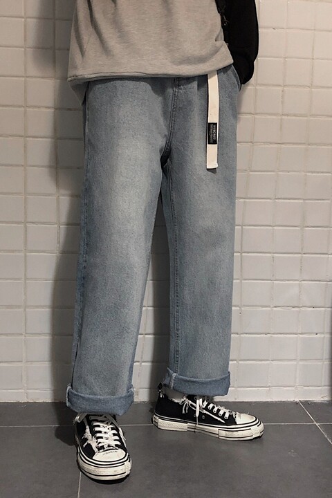 送腰带港风简约百搭复古牛仔裤男春夏季韩版直筒九分裤kz01,男装牛仔裤,星座1008