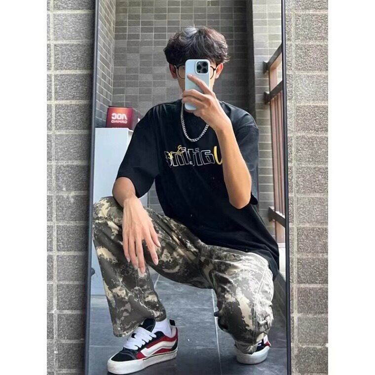 美式复古迷彩工装裤子潮男夏季高级感修身休闲长裤直筒微喇牛仔裤,男装牛仔裤,星座601-1