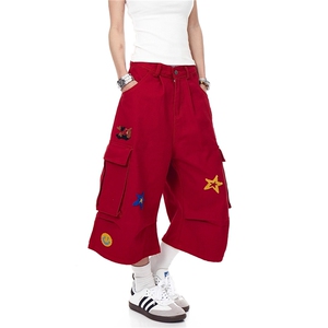 星星毛巾绣工装七分裤女美式嘻哈褶皱多口袋阔腿红色短裤,女装休闲裤,星座1210-1