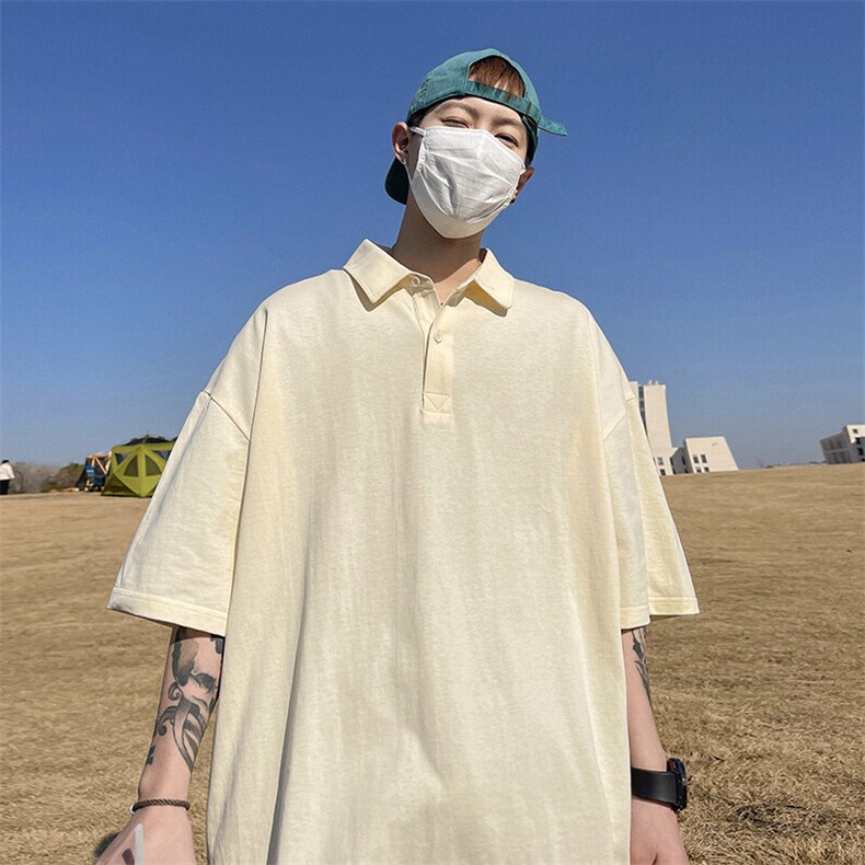 得物抖音高品质二开珠地网眼透气面料纯色宽松短袖T恤翻领POLO衫,男装T恤,电商A486