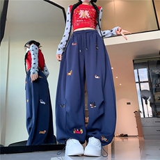 AK1757-P60美式复古卡通刺绣宽松直筒阔腿休闲弯刀卫裤，男装休闲裤，星座617A-2