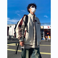 美式条纹夹克男秋季新款潮牌大码宽松上衣设计感拼接外套，男装夹克，四季星座505