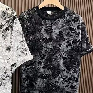 夏季轻奢亮片潮牌T恤宽松休闲百搭扎染破洞设计感圆领男短袖上衣图片
