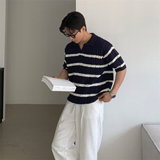 蓝白撞色条纹针织短袖男款Polo衫夏季透气凉感T恤学院风翻领上衣，男装T恤，星座205-3