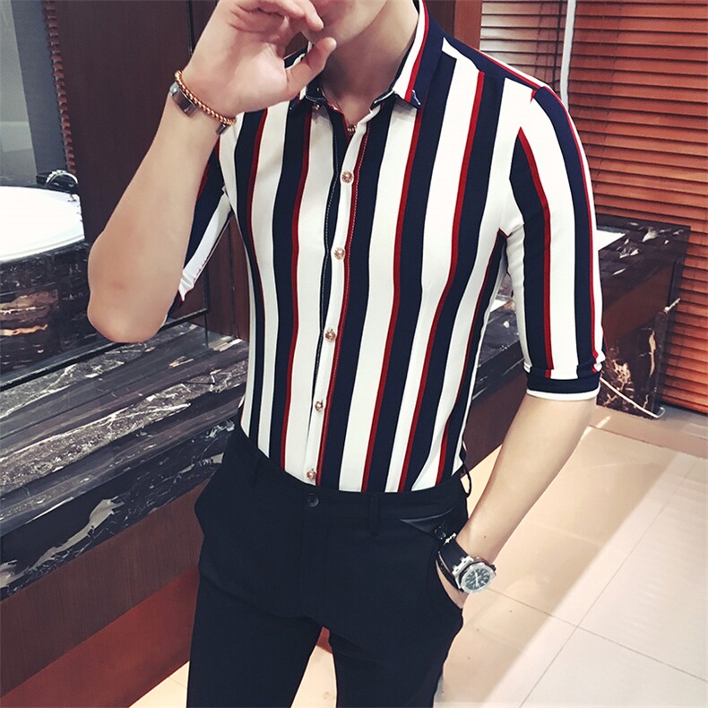 Y8450-夏季清凉时尚麻男条纹中袖衬衫七分袖衬衣潮大码衬衣P35，男装衬衫，星座717A