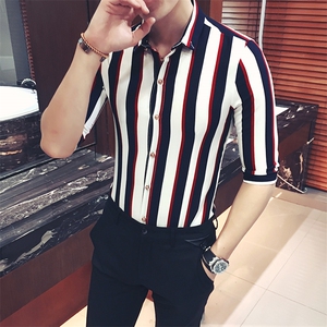 Y8450-夏季清凉时尚麻男条纹中袖衬衫七分袖衬衣潮大码衬衣P35图片