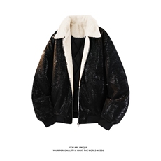 蛇纹亮面棉服加厚毛领美式休闲夹克皮衣男D51221-TP80158，男装夹克，电商A102