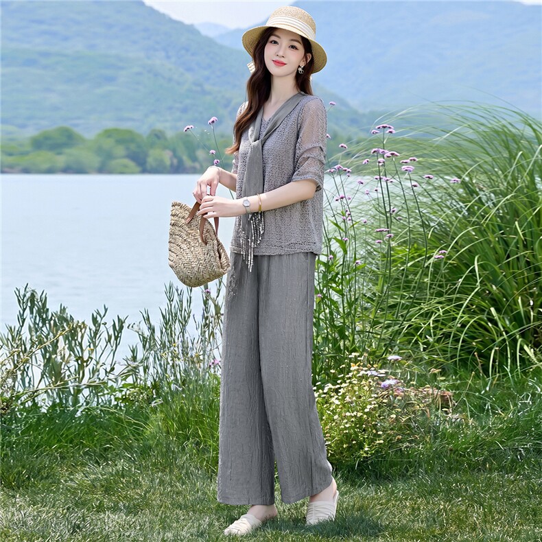时尚潮流2026年夏季流苏领带休闲风时尚两件套裤,女装套装/套裙,伊航服饰