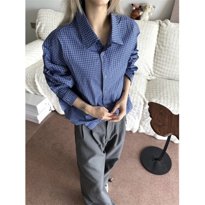 系带蓝色格子衬衫女别致上衣衬衣秋季新款气质宽松小衫C219，男装衬衫，星座1116A（原606A-3）