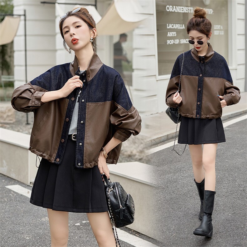 海宁皮衣牛仔拼接立领外套女2025秋新款宽松休闲百搭时尚夹克上衣，女装皮衣，江南女神