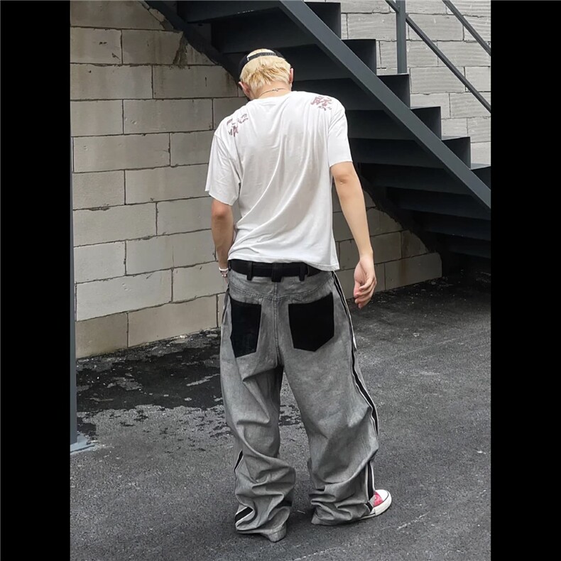NK1007-P58美式高街复古水洗反穿设计感牛仔裤男街头潮牌宽松,男装牛仔裤,电商B323A