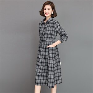 杭州四季青素素正品订长袖连衣裙女2025新款秋季气质妈妈格子裙子图片