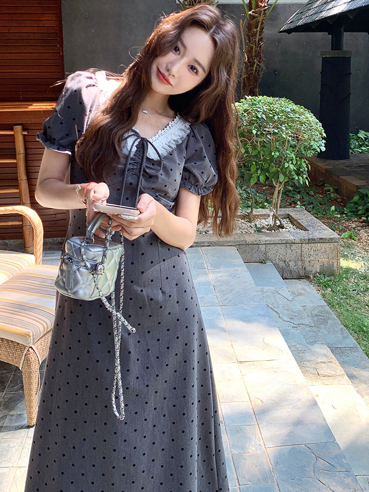 灰色波点泡泡袖连衣裙女2025夏季新款甜辣风设计感收腰显瘦长裙潮,女装连衣裙,浙宝305