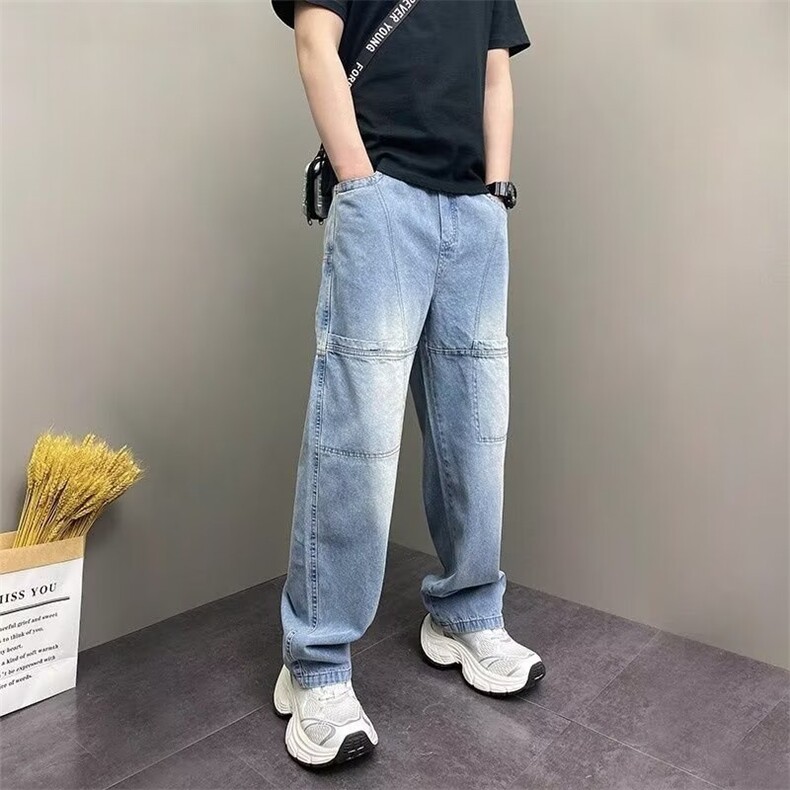 潮设计感反兜直筒牛仔裤男秋冬新款宽松拼接休闲拖地裤AM827P50,男装牛仔裤,星座1013-5