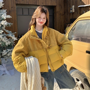 黄色牛角扣拼接羽绒服女2025新款短款小个子立领90绒加厚百搭外套图片