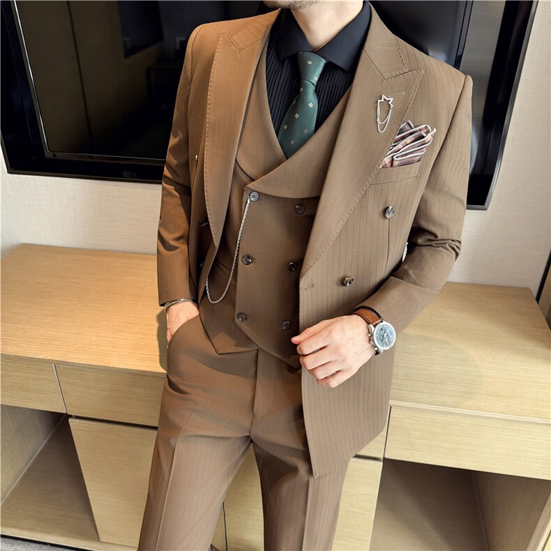2025主推~高品质色织暗条纹戗驳领双排扣西服三件套SJT8063-P295,男装西服,电商A213