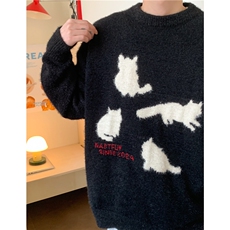 濮院套头毛衣猫咪剪影高级感软糯圆领秋冬宽松慵懒针织衫LF114P55，男装针织衫/毛衣，电商D256