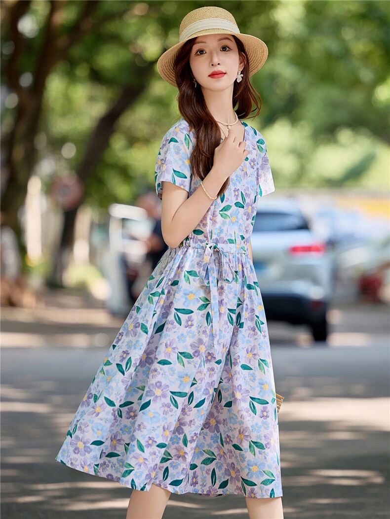温柔风花卉印花纯棉连衣裙女2026夏薄款短袖气质收腰显瘦减龄裙子,女装连衣裙,倪叶myz