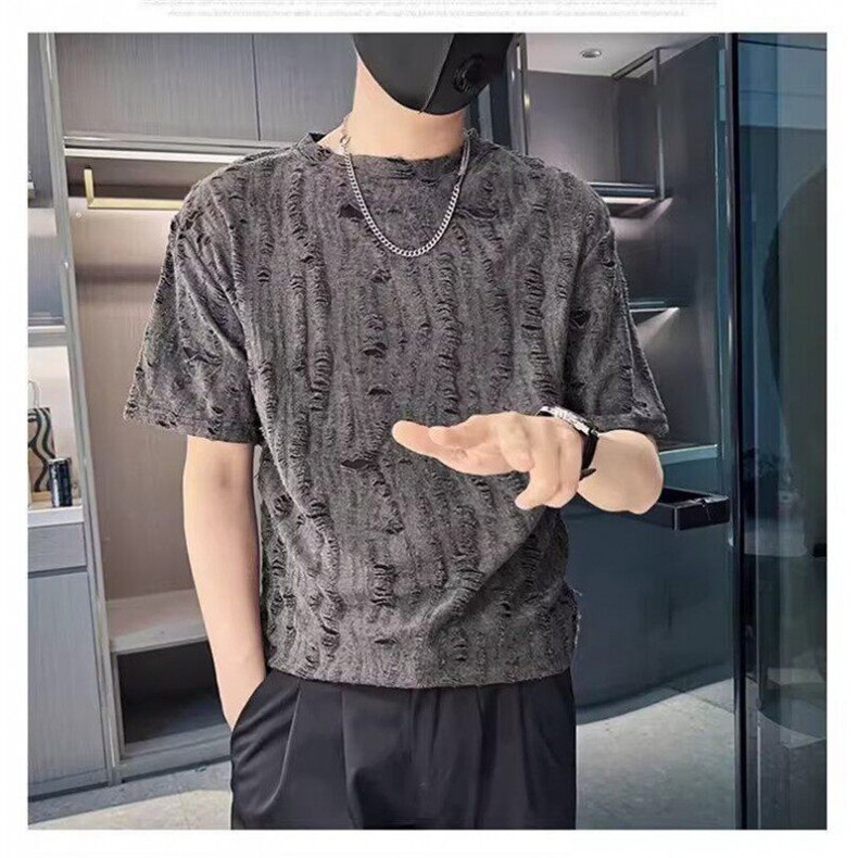 网络图现货新款男潮牌痞帅破洞设计感半袖潮流高街t恤RB127-P28图片
