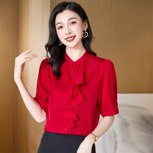 真丝衬衫女七分袖夏装2024女装年轻百搭纯色桑蚕丝温柔高阶感上衣图片