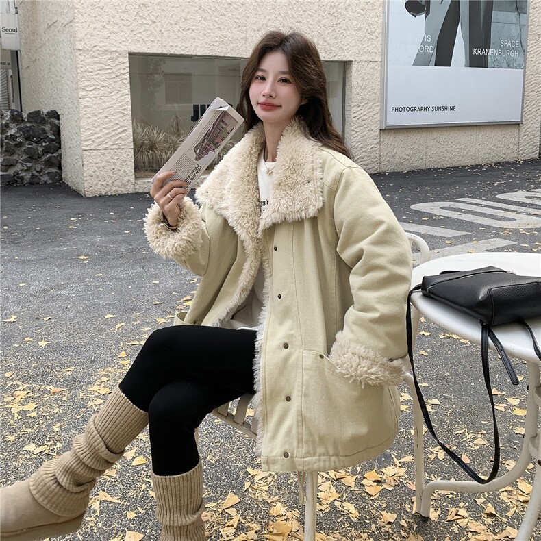 韩系羊羔毛外套女秋冬皮毛一体毛领保暖加厚立领派克服毛绒外套,女装棉衣/棉服,维壹