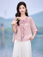 时尚洋气刺绣苎麻套装女2026夏季新款宽松遮肉显瘦阔腿裤两件套，女装套装/套裙，魅影